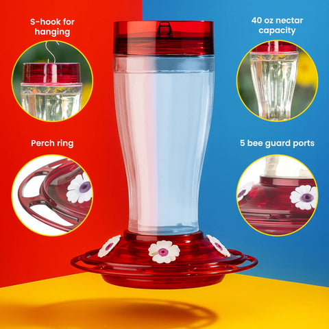 Bird Health Plus Big Gulp Hummingbird Feeder With Five Flower Shaped Ports, Glass Exterior, displaying 40 oz nectar capacity and ant moat.