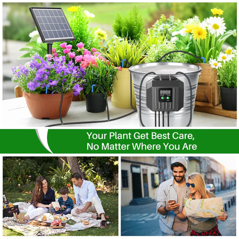 3W Solar Drip Irrigation System With Digital Programmable Smart Watering Kit And 2200mAh Battery for potted plants outdoors.