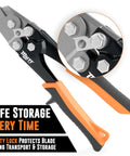 Pro Grade 30 Degree Sheet Metal Notcher For HVAC with ergonomic handles and safety lock; close-up of V notcher blade and handle.