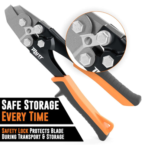 Pro Grade 30 Degree Sheet Metal Notcher For HVAC with ergonomic handles and safety lock; close-up of V notcher blade and handle.