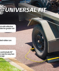 Trailer with Heavy Duty 3 Sided Rubber Wheel Chock With Reflective Strips And 36 Inch Nylon Rope Grippy Non Slip Base in use