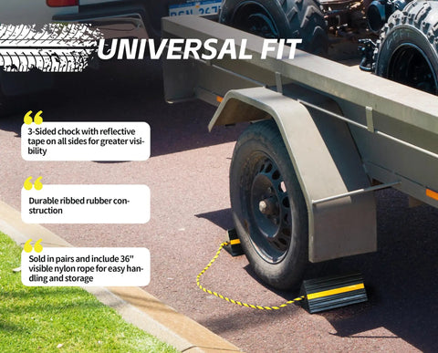 Trailer with Heavy Duty 3 Sided Rubber Wheel Chock With Reflective Strips And 36 Inch Nylon Rope Grippy Non Slip Base in use
