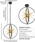Modern Sputnik Style 6 Light Starburst Chandelier, 18-Inch Globe Fixture In Black And Gold with dimensions and details