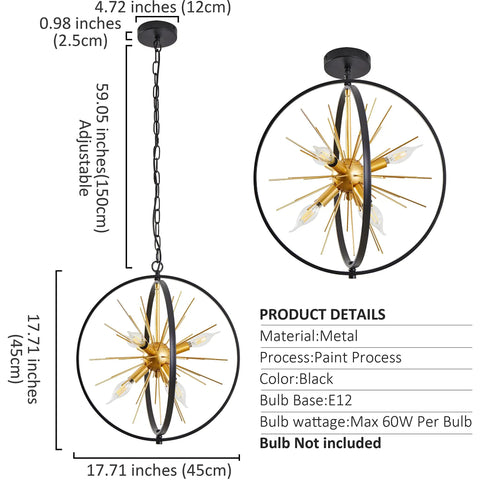 Modern Sputnik Style 6 Light Starburst Chandelier, 18-Inch Globe Fixture In Black And Gold with dimensions and details