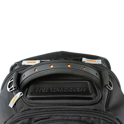 Top view of Tough 1200D Ballistic Polyester Laptop Backpack showing main compartment zippers and crush-proof eyewear pocket