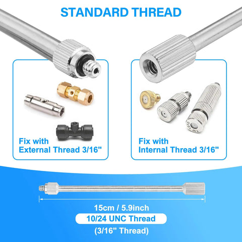 Top Notch Brass Mister Nozzle Extensions 10 Pack 5.9 Inch Flexible Mist Rods Nickel Coated Rust Resistant Spray Tips Detail of nozzle attachments.