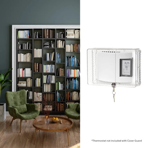 Side view of a clear Large Thermostat Guard with keyed lock, fits most thermostats up to 8.25x5.75 inches, shown in living room.