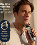 Ultra Prestige Wet And Dry Electric Shaver With SenseIQ Pro Technology Triple Lift And Cut System 360 Rotating NanoTech Precision Blades Beard Styler White Gold Finish For A Top Notch Clean Smooth Shave Anywhere. man shaving with electric shaver