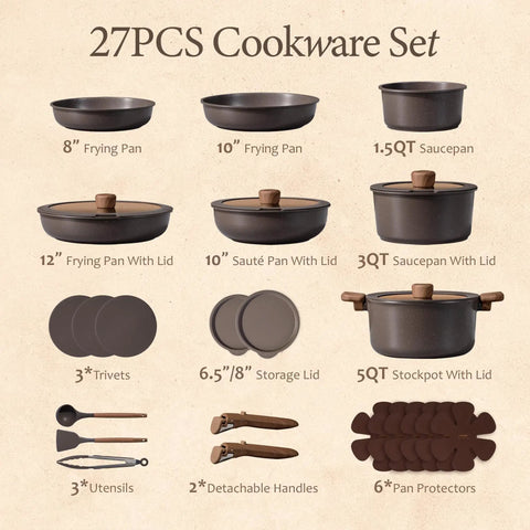 27 Piece Nonstick Pots And Pans Set With Detachable Handle, Dishwasher Safe, Induction Compatible, Oven Safe, Camping Cookware