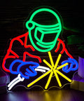 Neon Sign LED Light For Garage Wall Decor With Welding Helmet Design And Arc Spark Blue Gloves Glow Lit Bar Vibe.