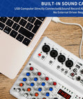 6 Channel Audio Mixer For PC With Bluetooth USB Recording connected to laptop, featuring 4 Mic/Line Inputs and 48V Phantom Power.