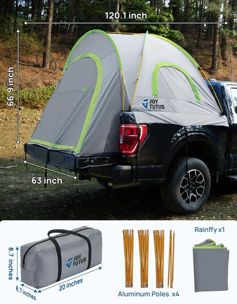 8-Foot Pickup Truck Bed Tent For Two, Double Layer Waterproof Shelter With PU2000mm Rating on a truck, with aluminum poles and rainfly