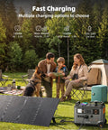 Family enjoying campsite with Heavy Duty Portable Power Station Packing 3600Wh Juice And 3600W Real Output, solar panel setup.
