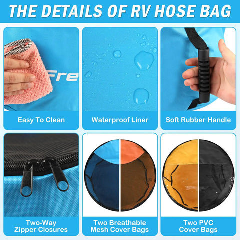 Features of 4 Pack RV Hose Storage Bags With Visible Cover And Two Way Zipper, Waterproof Utility Organizer for hoses and cords.