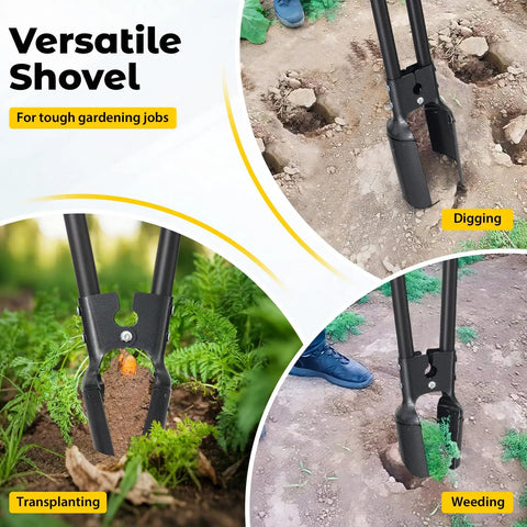 Heavy Duty Post Hole Digger Beast Pro Grade With 55 Inch Handle And Dual Sharp Blades shown digging and weeding in garden