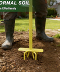 Gardener using Hand Tiller Cultivator with Steel Garden Claw for Easy Soil Loosening and Weeding in a garden bed.