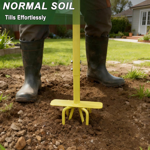 Gardener using Hand Tiller Cultivator with Steel Garden Claw for Easy Soil Loosening and Weeding in a garden bed.