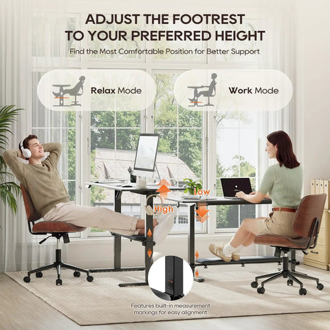 MALOL 56 Inch Electric Standing Desk With Adjustable Footrest Black showing Relax and Work Modes with adjustable footrest.