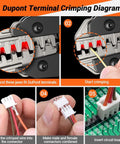 Pro Grade Heavy Duty Five In One Wire Crimping Tool for Dupont terminals diagram showing crimping process steps 1 to 5