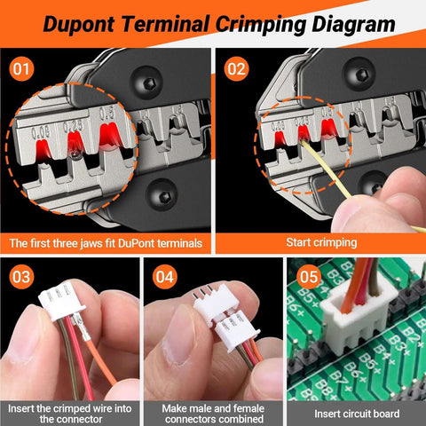 Pro Grade Heavy Duty Five In One Wire Crimping Tool for Dupont terminals diagram showing crimping process steps 1 to 5