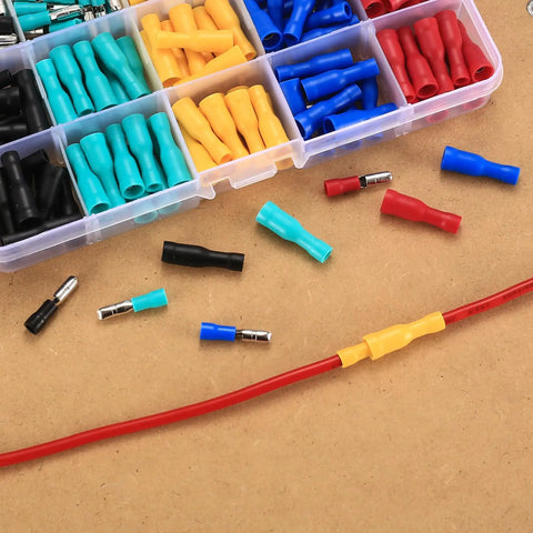 200 Pcs Bullet Connectors Set Male And Female 22 16AWG Insulated Splice Terminals assorted colors on wood surface