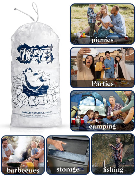 5 Lb Ice Storage Bags With Drawstring, 50 Pack Plastic Ice Bags For Ice Maker And Freezer shown with usage scenarios