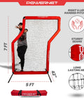 Man practicing with 7 Ft Red Portable Baseball Practice Net For Pitching And Hitting Pop Up Batting Cage With Coach Shield 7 Ft Z Screen