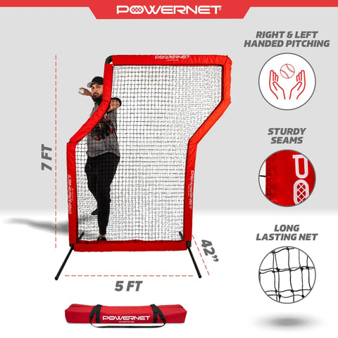Man practicing with 7 Ft Red Portable Baseball Practice Net For Pitching And Hitting Pop Up Batting Cage With Coach Shield 7 Ft Z Screen