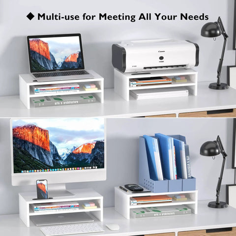 Wooden Monitor Stand Riser With Two Tier Desk Shelf And Cable Management Phone Holder And Eco Friendly White Finish Ergonomic Computer Desk Organizer To Reduce Strain For Home Office And Workstation 16.5 Inch with laptop and printer setup