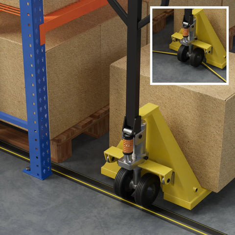 Warehouse with 6ft Floor Cord Cover Linkable Cable Protector in black and yellow protecting cables near pallet jack.