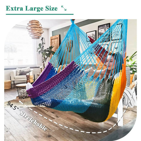 Upgraded Caribbean Hammock Chair With Detachable Steel Bar Large XL Rope Hanging Swing Chair indoors showcasing fabric.