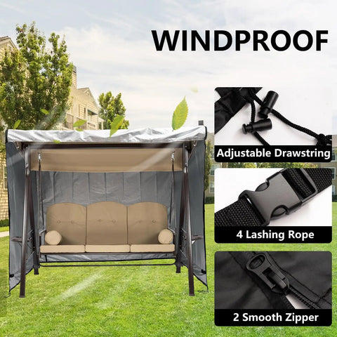 All Weather Waterproof Outdoor Swing Cover For 3 Seat Triple Seater Garden Patio Swing, Heavy Duty Black Canopy Shield, windproof details.