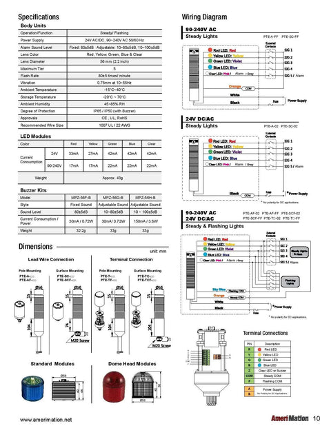 Tower Light Kit With 56mm Modular LED Red Green Lens diagram showing specifications and wiring details