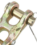 Close-up of a 3/8 inch Grade 70 double clevis link from the Six Pack Tough As Nails, zinc plated alloy steel for trailers.