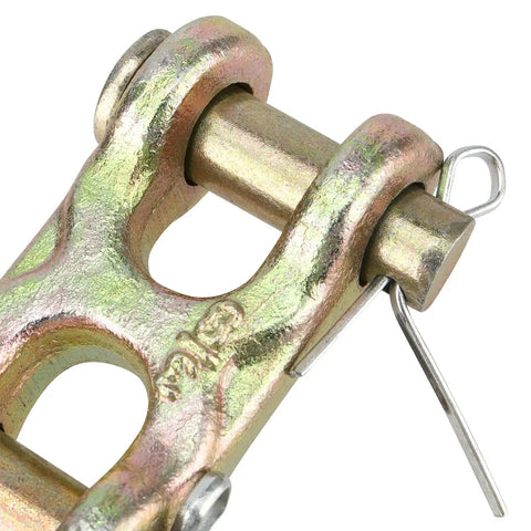 Close-up of a 3/8 inch Grade 70 double clevis link from the Six Pack Tough As Nails, zinc plated alloy steel for trailers.