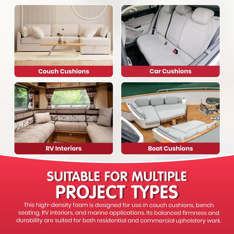 High Density Upholstery Foam Cushion Replacement 2 Inch Thick 24 Inch Wide 72 Inch Long Perfect For Sofa Or Couch Seat Cushions Benches And More Durable As Heck For DIY Upholstery Projects showing use in different settings.