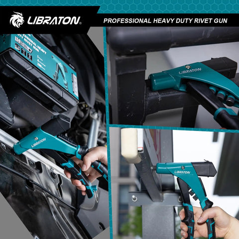Libraton Heavy Duty Pop Rivet Gun One Handed for Aluminum Alloy use on metal surfaces with ergonomic grip and Cr-Mo steel handle.