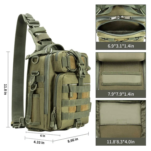 All Day Fishing Backpack With Water Resistant Tackle Bag Rod Holder And Multiway Carry Options in Army Green with size details