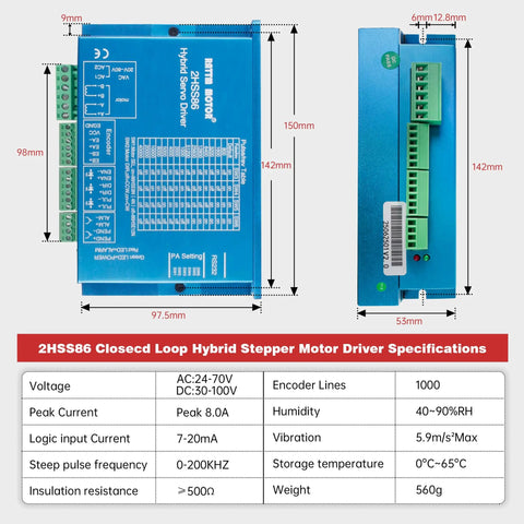 2HSS86 Closed Loop Hybrid Stepper Motor Driver with specifications, 150mm x 97.5mm, used for CNC applications.