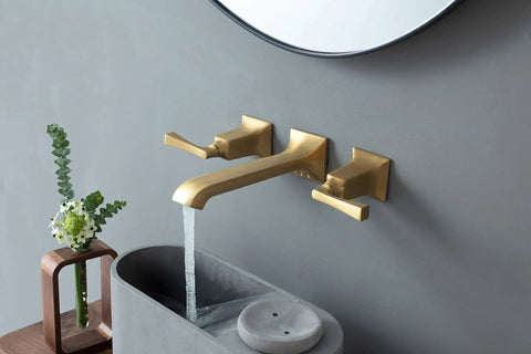 Heavy Duty Bathroom Wall Faucet Built With Solid Brass, Wall Mount Design With Metal Lever Handles, Brushed Gold Finish