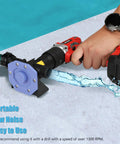Heavy Duty Drill Powered Water Transfer Pump With 750 Gph High Flow Drainage Kit connected to a cordless drill, demonstrating water flow.