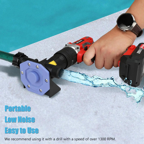Heavy Duty Drill Powered Water Transfer Pump With 750 Gph High Flow Drainage Kit connected to a cordless drill, demonstrating water flow.