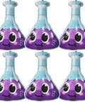 Six Pack Jumbo Flask Foil Balloons For Mad Scientist Party Decor Beaker Mylar Balloons featuring purple smiling faces.