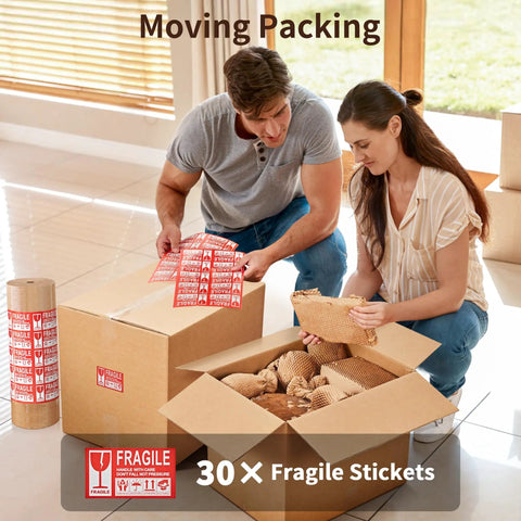 Top Shelf Honeycomb Packing Paper Stretch Roll With Extra Fragile Labels For Moving And Shipping Lightweight Cushion Wrap in use during packing.