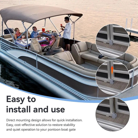 Pontoon boat with Gate Door Stop Hinge Set For Pontoon Boats Anti Rattle Left And Right Beefed Up Door Stopper visible on the gate.