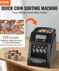 Coin Sorter And Counter Machine With LCD Display fast sorting up to 230 coins per minute thick tubes on desk with coins