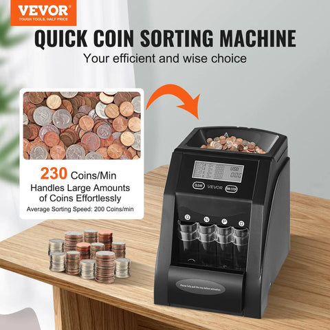 Coin Sorter And Counter Machine With LCD Display fast sorting up to 230 coins per minute thick tubes on desk with coins