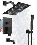 Rainfall Shower System With 8 Inch Matte Black Shower Head Tub Filler Handheld Spray Wall Mount Mixer Faucet Rough In Valve Included