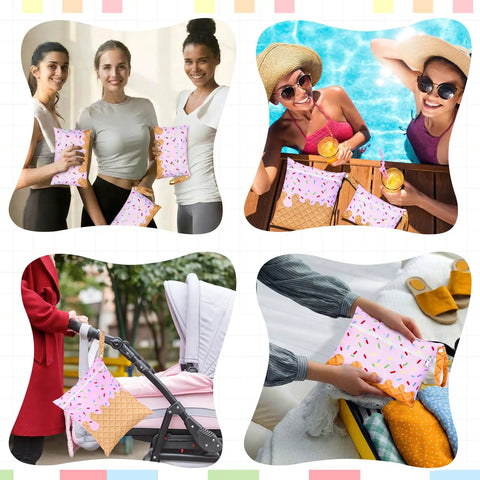 Ice Cream Pink Two Pack Waterproof Wet Dry Bags Set With Zipper Pouches For Baby Diapers Makeup And Swim Gear Large 11.81 By 14.17 Inches Small 10.63 By 7.87 Inches Reusable Travel Pouches.