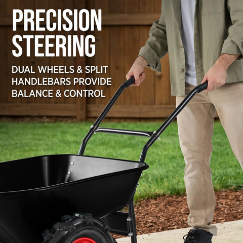 Person using Heavy Duty Dual Wheel Workhorse Wheelbarrow Garden Cart With 500 Lb Capacity Extra Large Wheels Built In Stand Jet Black
